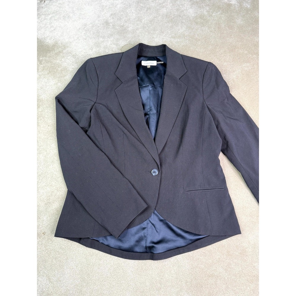 Calvin Klein Blazer Jacket Womens 12 Navy Blue Lined Single Breasted Notch Lapel